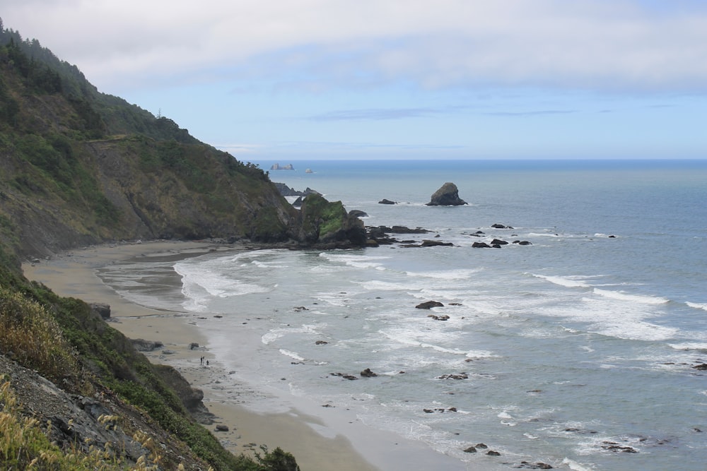 a beach with rocks and a body of water