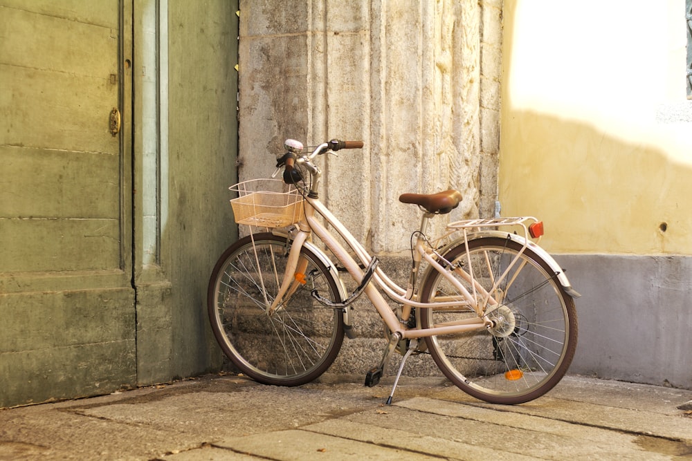 a bicycle parked outside a building