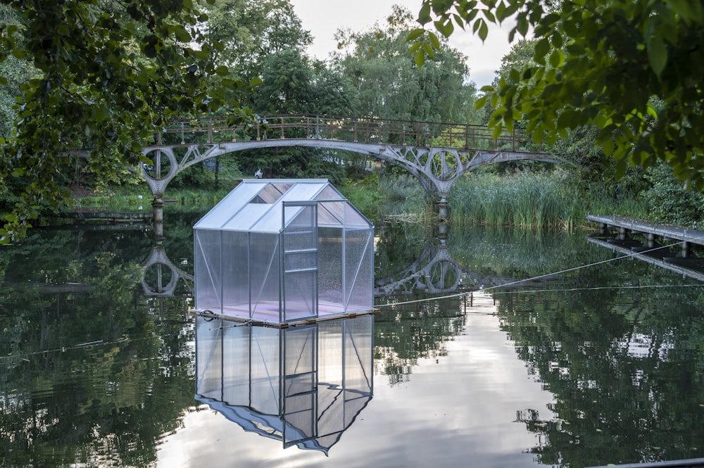 a water fountain in a pond