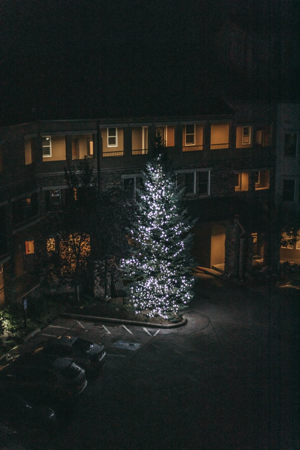 un edificio con un árbol delante