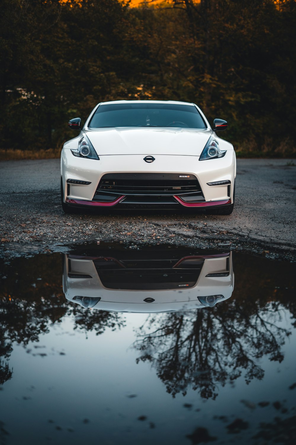 a white car parked on a wet road