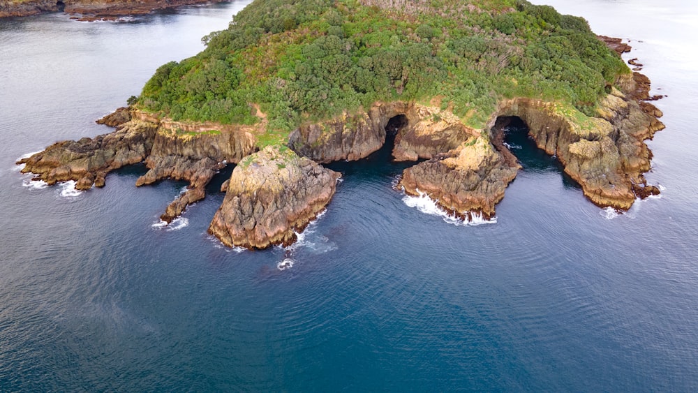 an island with trees and rocks