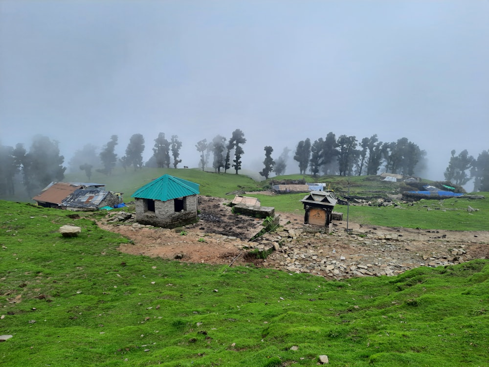 a group of buildings in a field