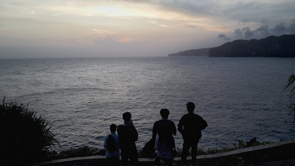 a group of people standing on a dock looking at the water