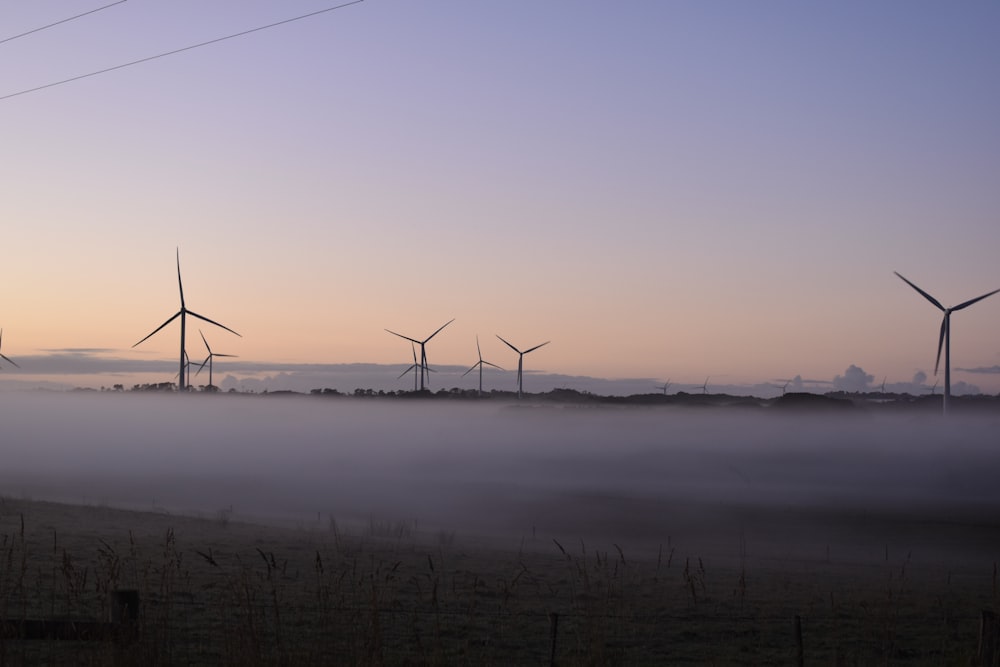 a group of windmills in a foggy field