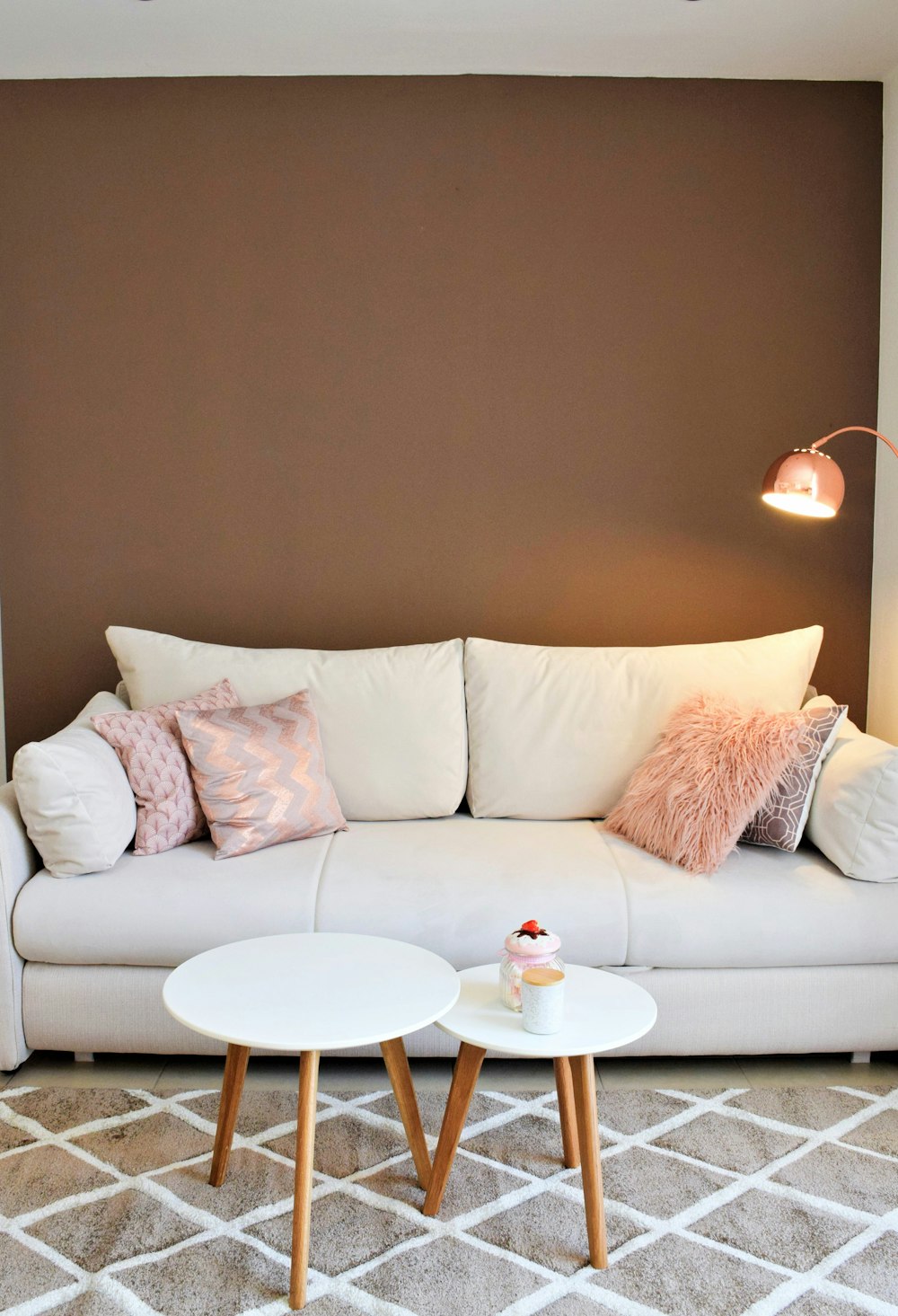 a white couch with a coffee table