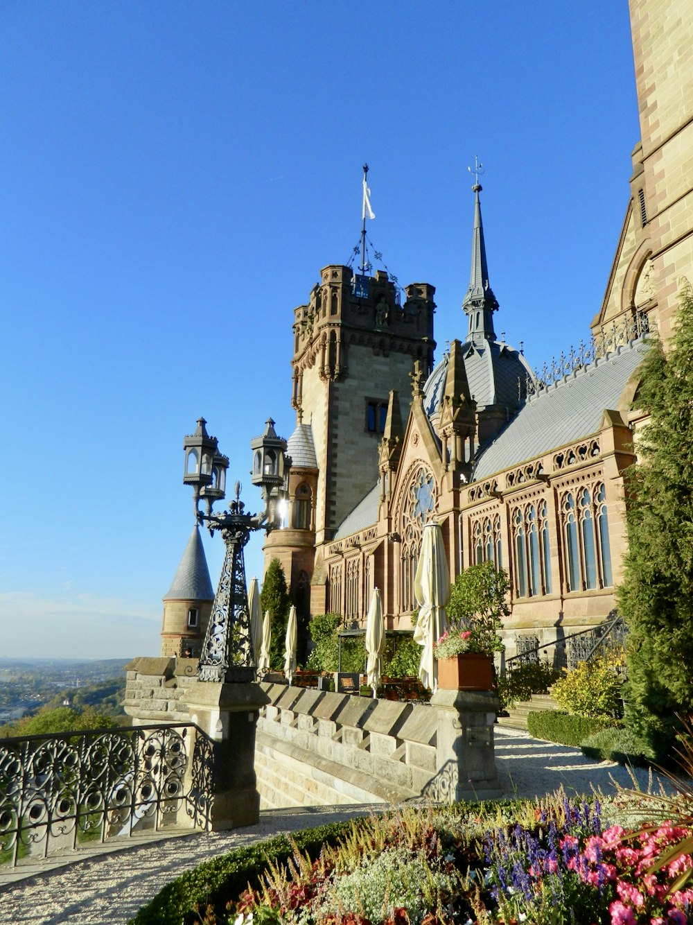 a large building with towers