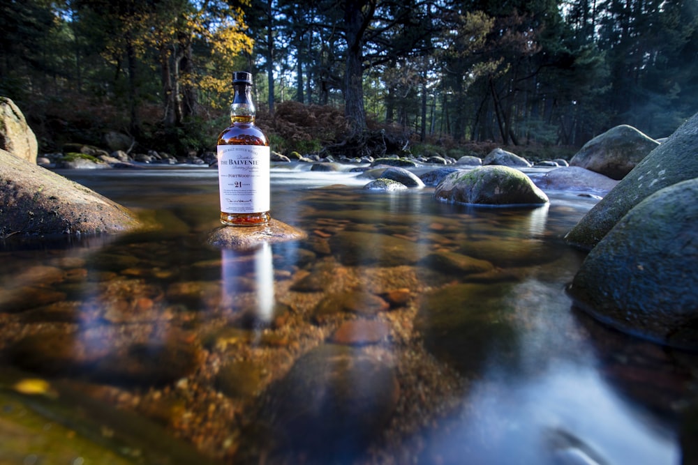 a bottle of alcohol in a stream