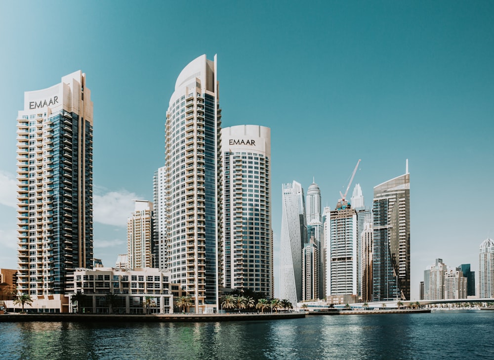 a city skyline with tall buildings