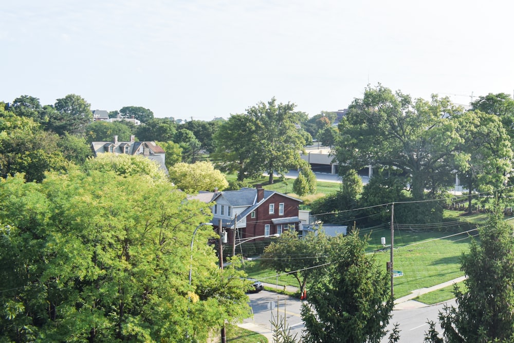 a neighborhood street with trees and houses