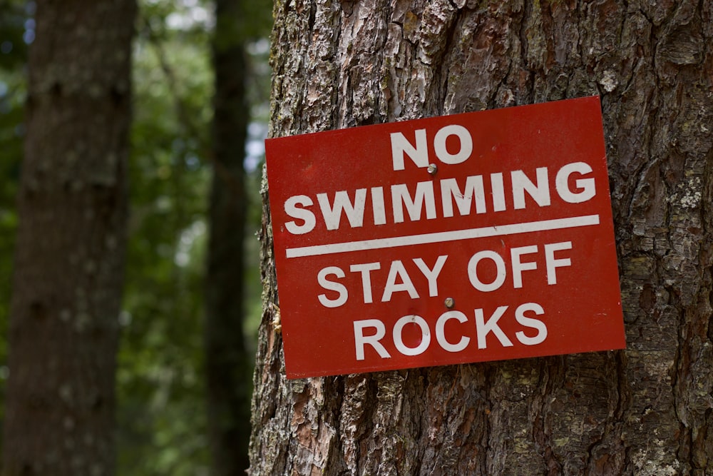 a red sign on a tree