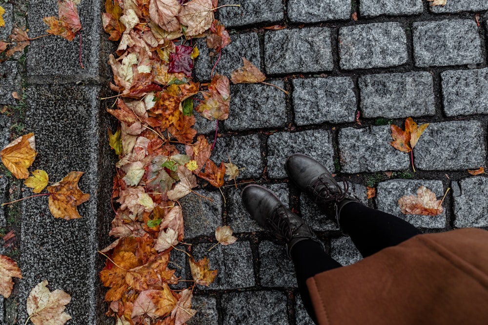a person's feet on a stone surface with fallen leaves