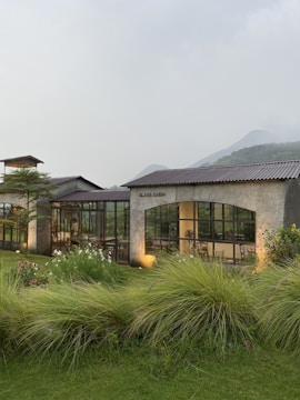 A modern container cabin nestled in a lush New Zealand garden with mountain backdrop