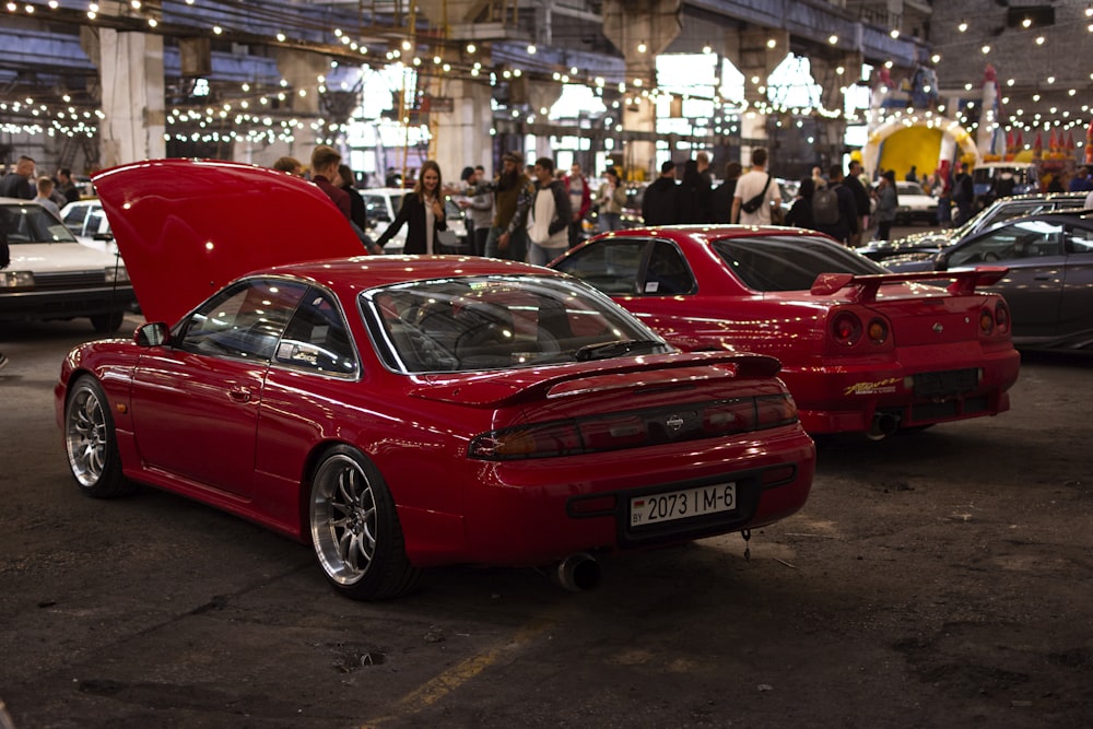 a group of cars parked in a building