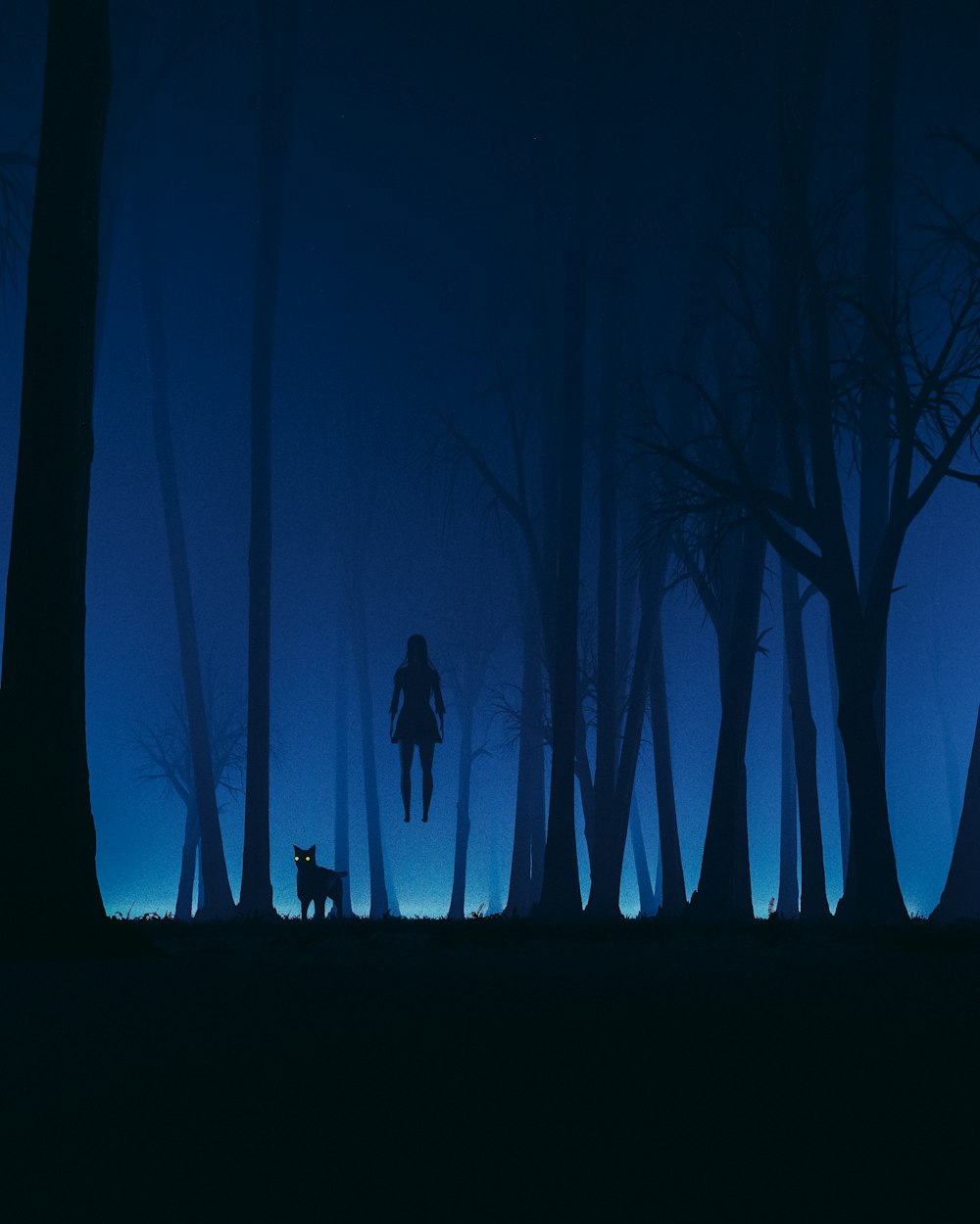 a person and a dog walking in the woods