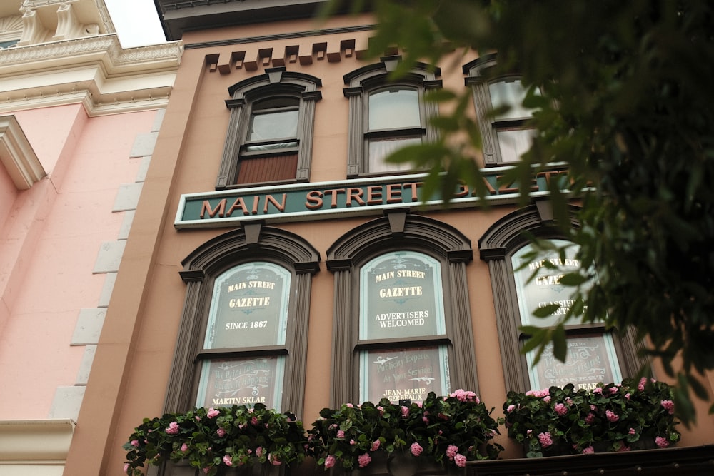 a building with windows and plants in front of it