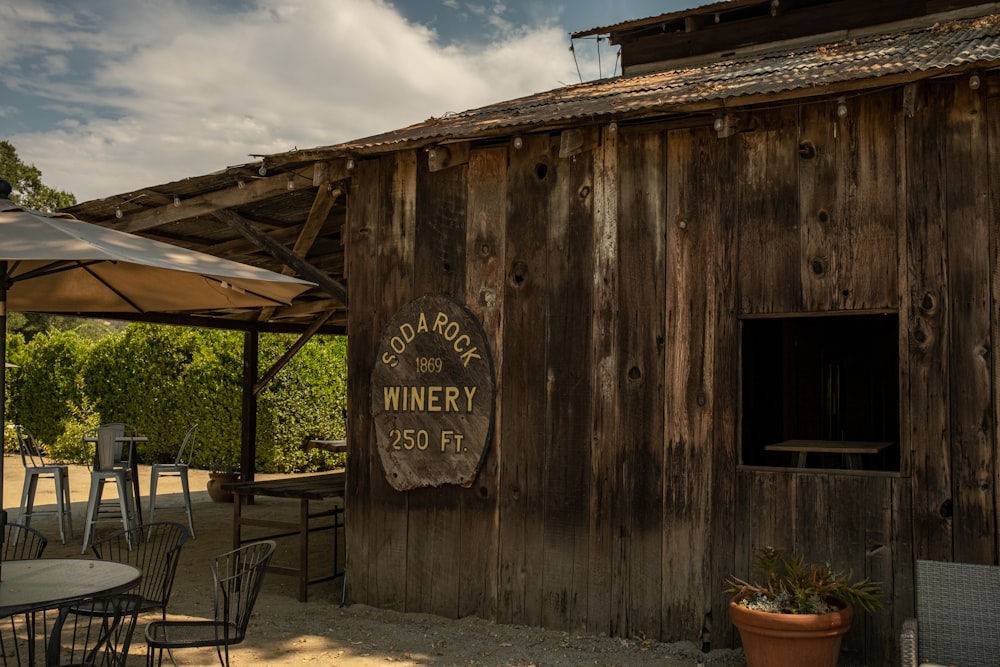 a wooden building with tables and chairs