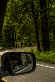 A friendly instructor demonstrating safe driving techniques in a car with clear road signs visible outside.
