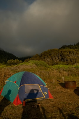 A colorful tent sits in an open field surrounded by tall grasses, with a dense forest and hills in the background. The sky is cloudy, casting a shadow over the scene, and a shadow of a person holding a camera is visible on the tent. There is an orange bottle and a small stuffed toy in front of the tent.