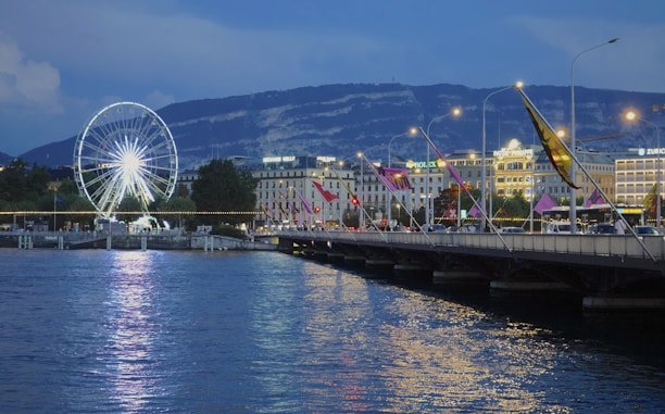 a pier with a ferris wheel and buildings by it