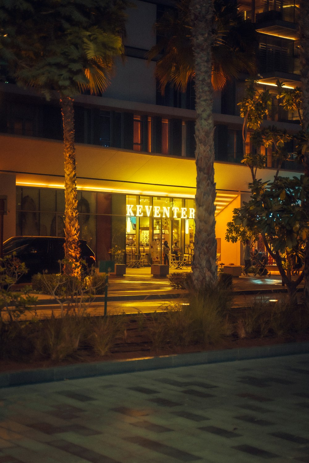 a building with lights on at night