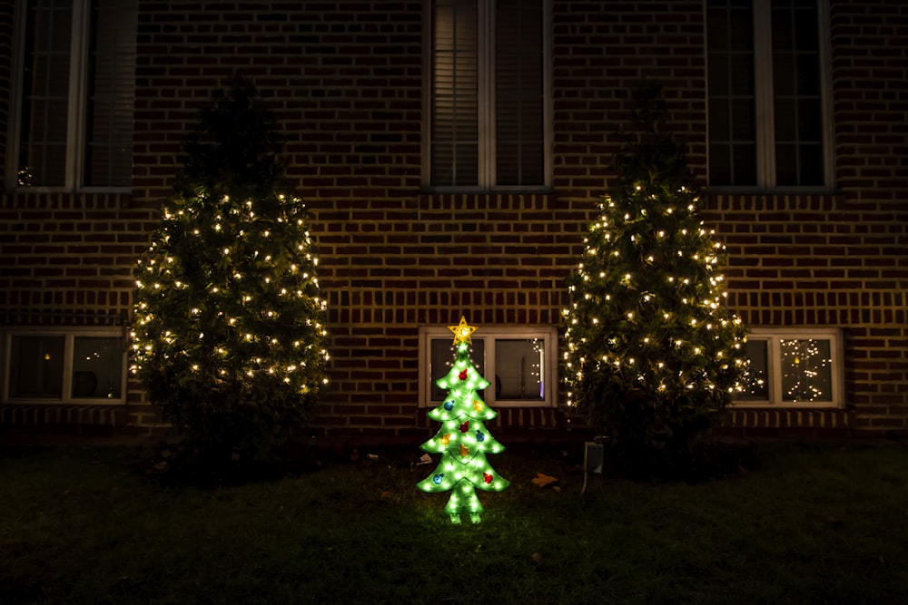 a couple of trees in front of a brick building