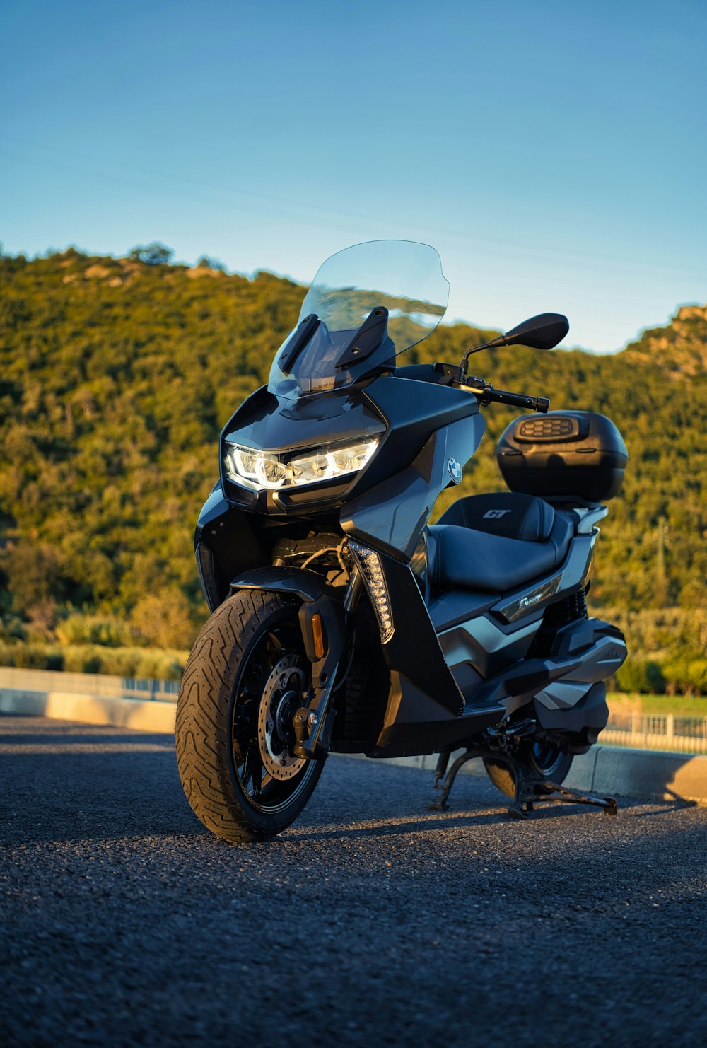 a motorcycle parked on the side of the road