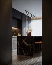 a room with a fireplace and a table