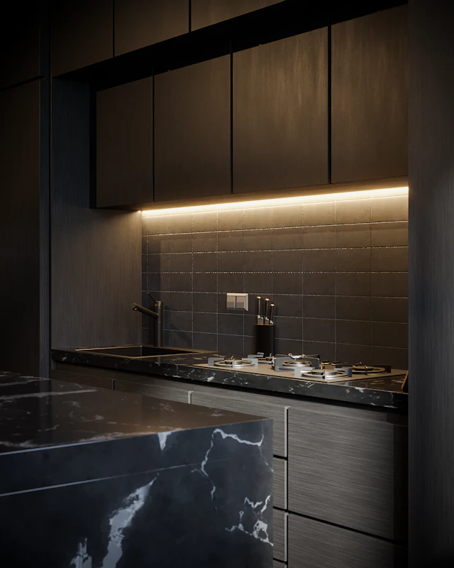 A kitchen with a tile floor