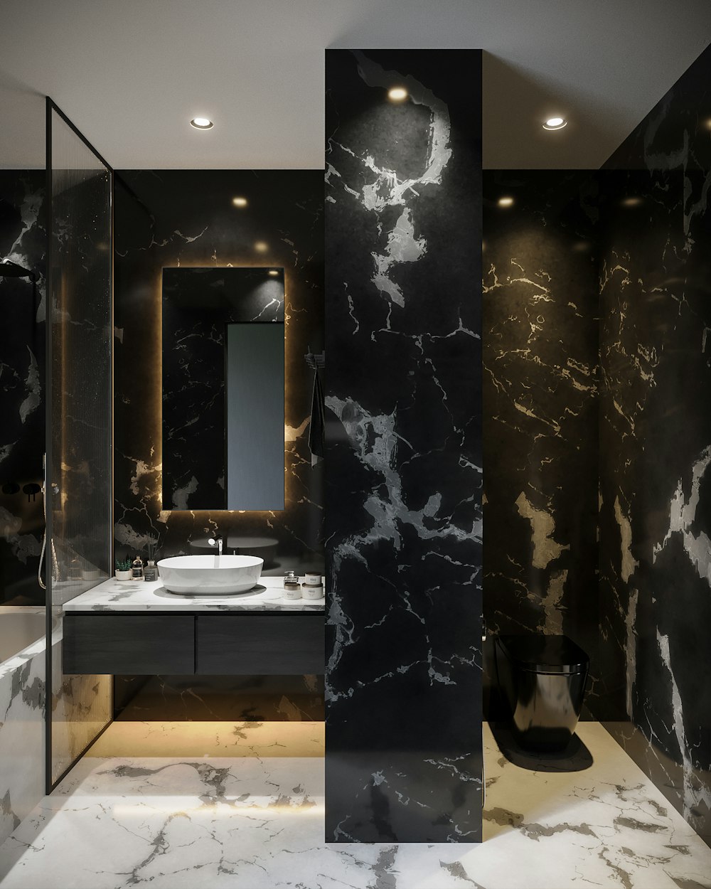 a bathroom with a large mirror