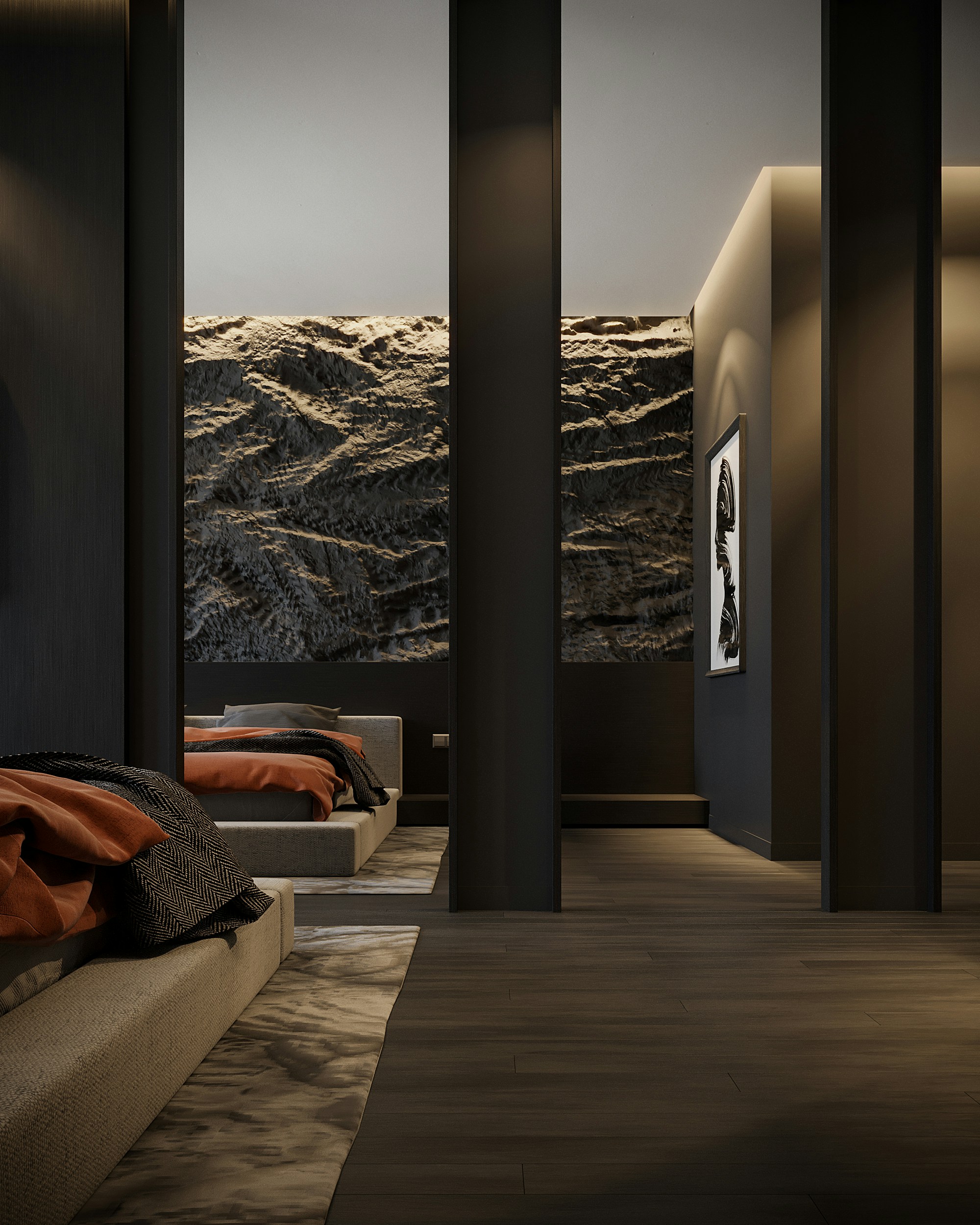 a room with a view of a mountain and a body of water