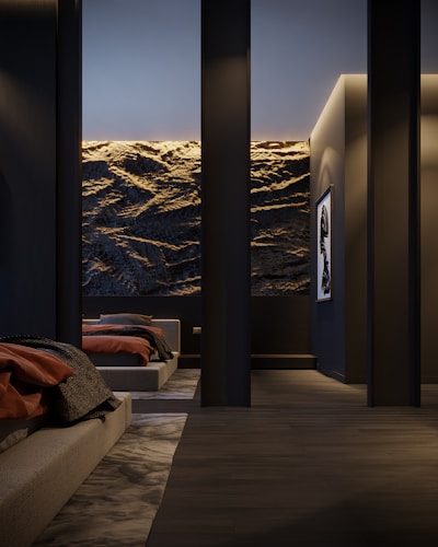 a room with a view of a mountain and a lake