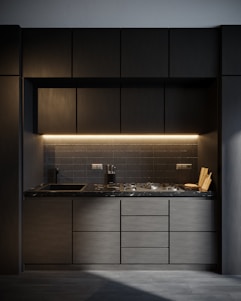 Modern kitchen cabinetry and sleek countertop installation by craftsmen.