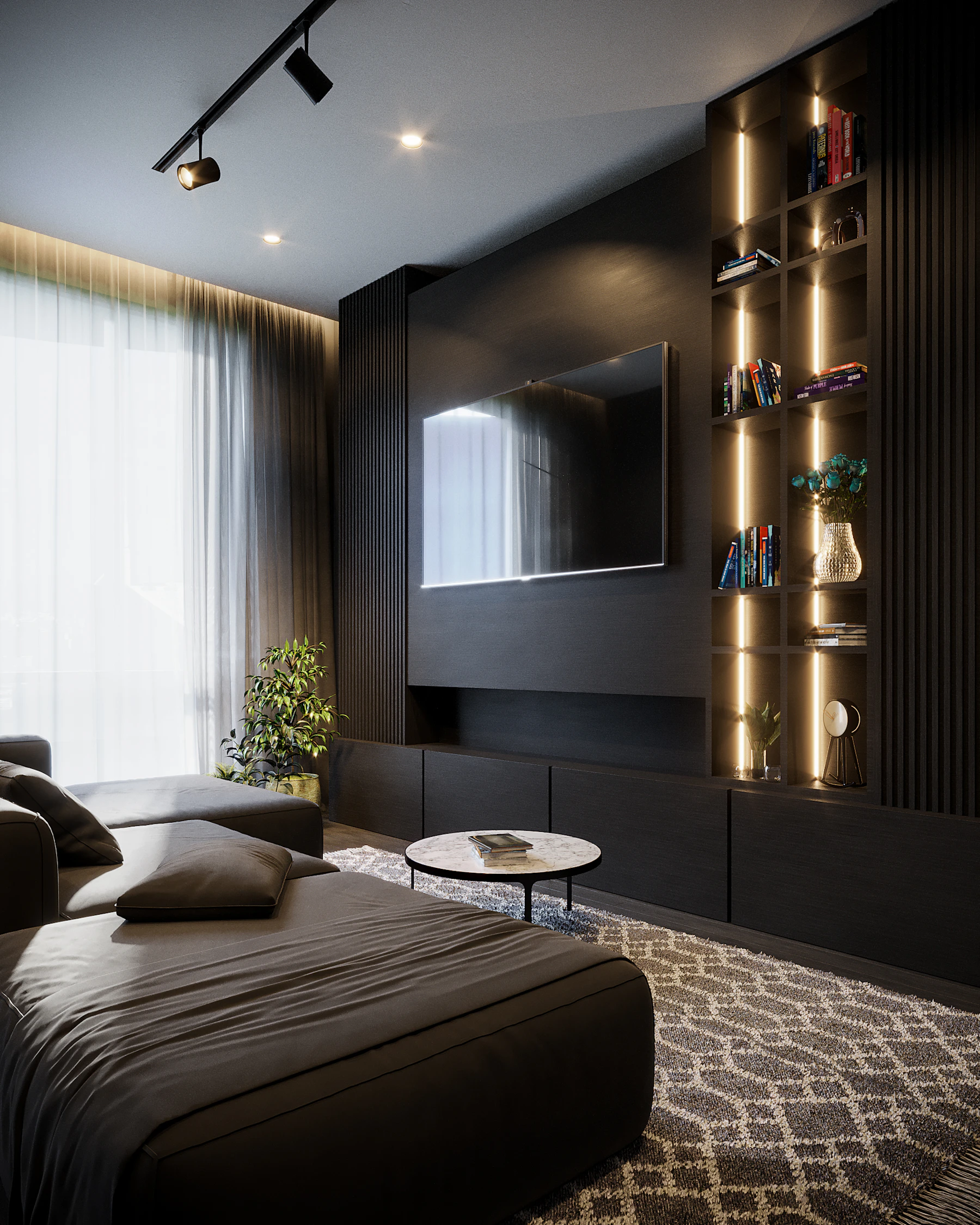 Warm concealed light strips glowing inside dark shelving at night