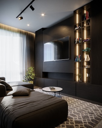 a room with a tv and a couch