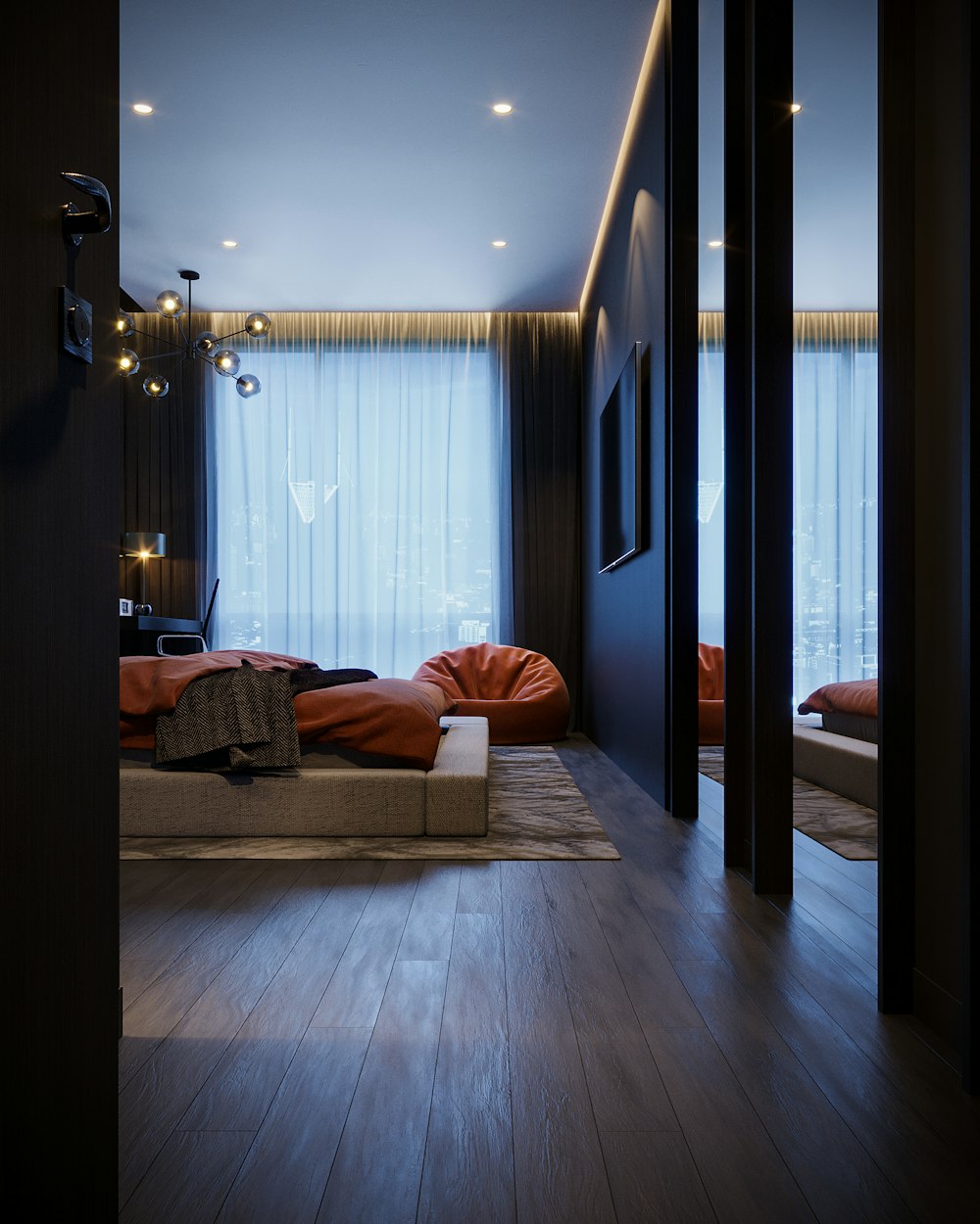 a room with a wood floor and a large window with a view of the ocean