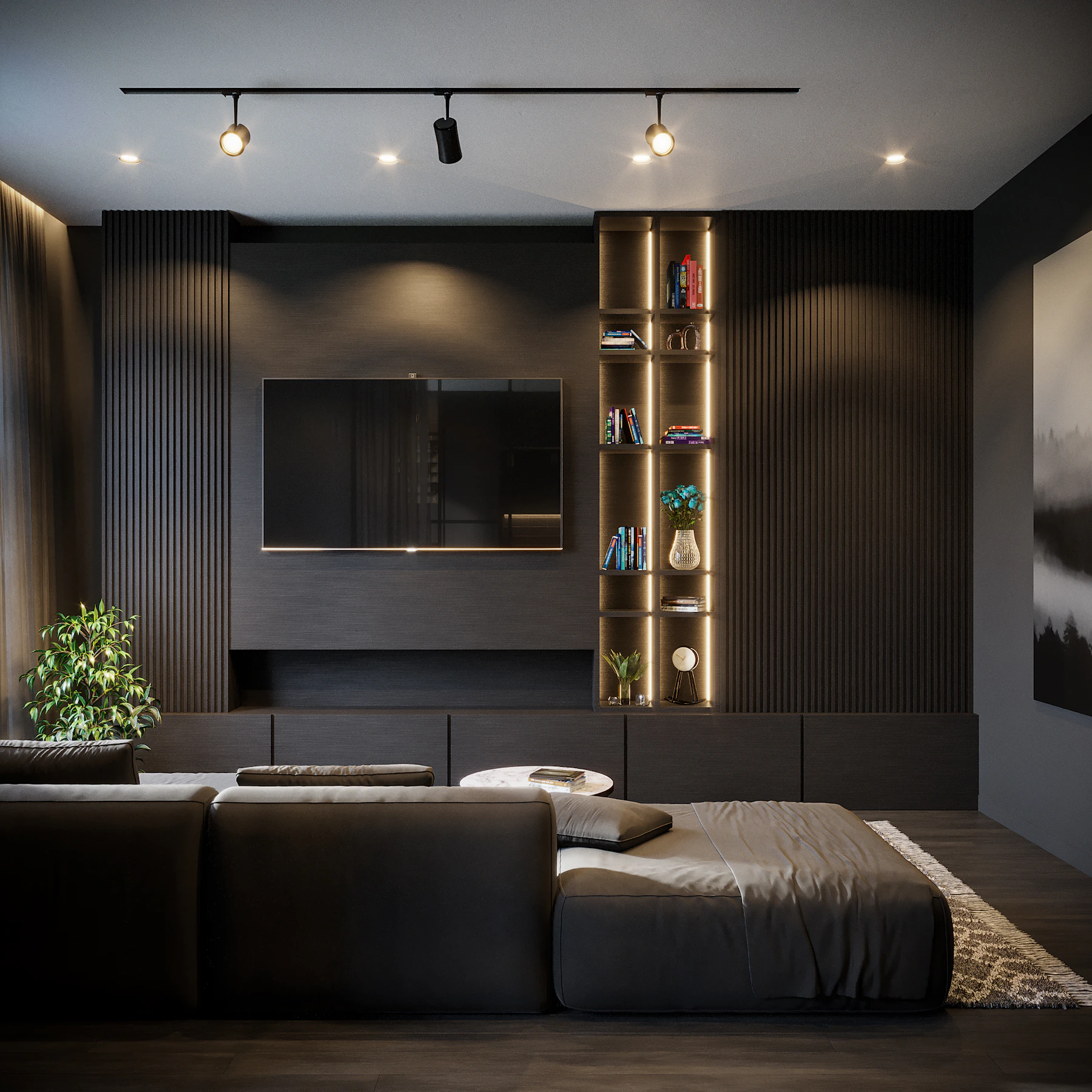 A living room with a couch and a TV