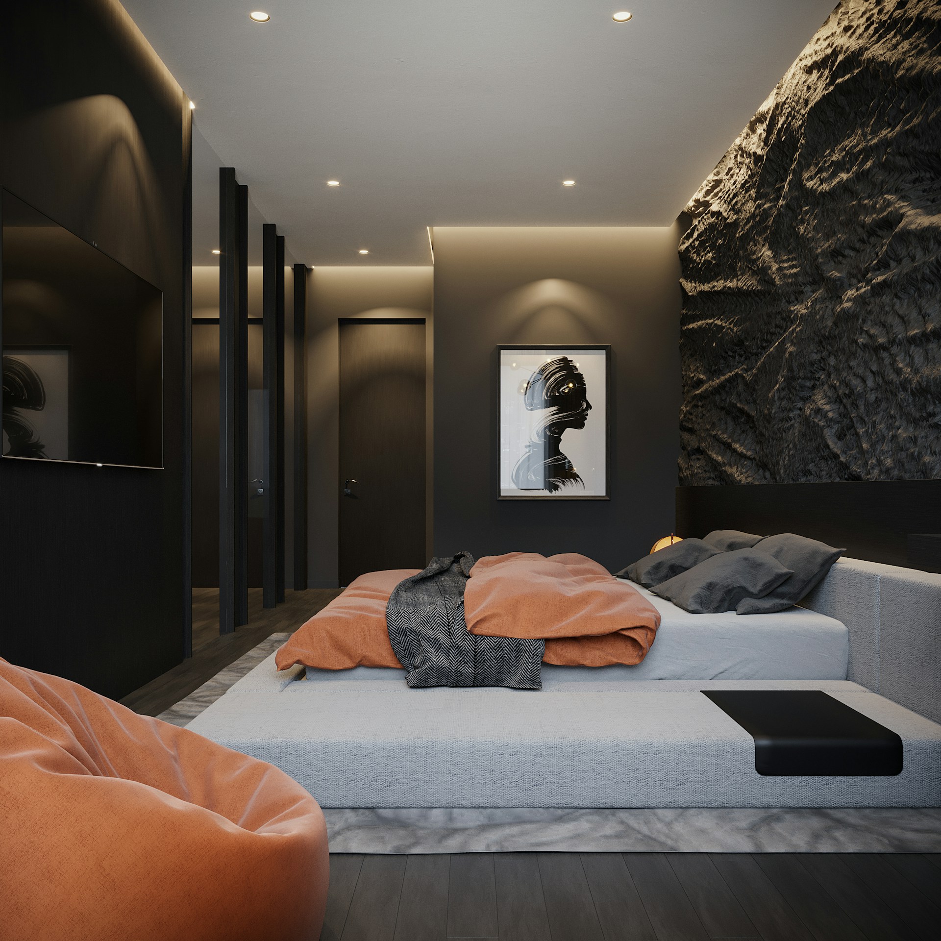 a bed with a poster on the wall