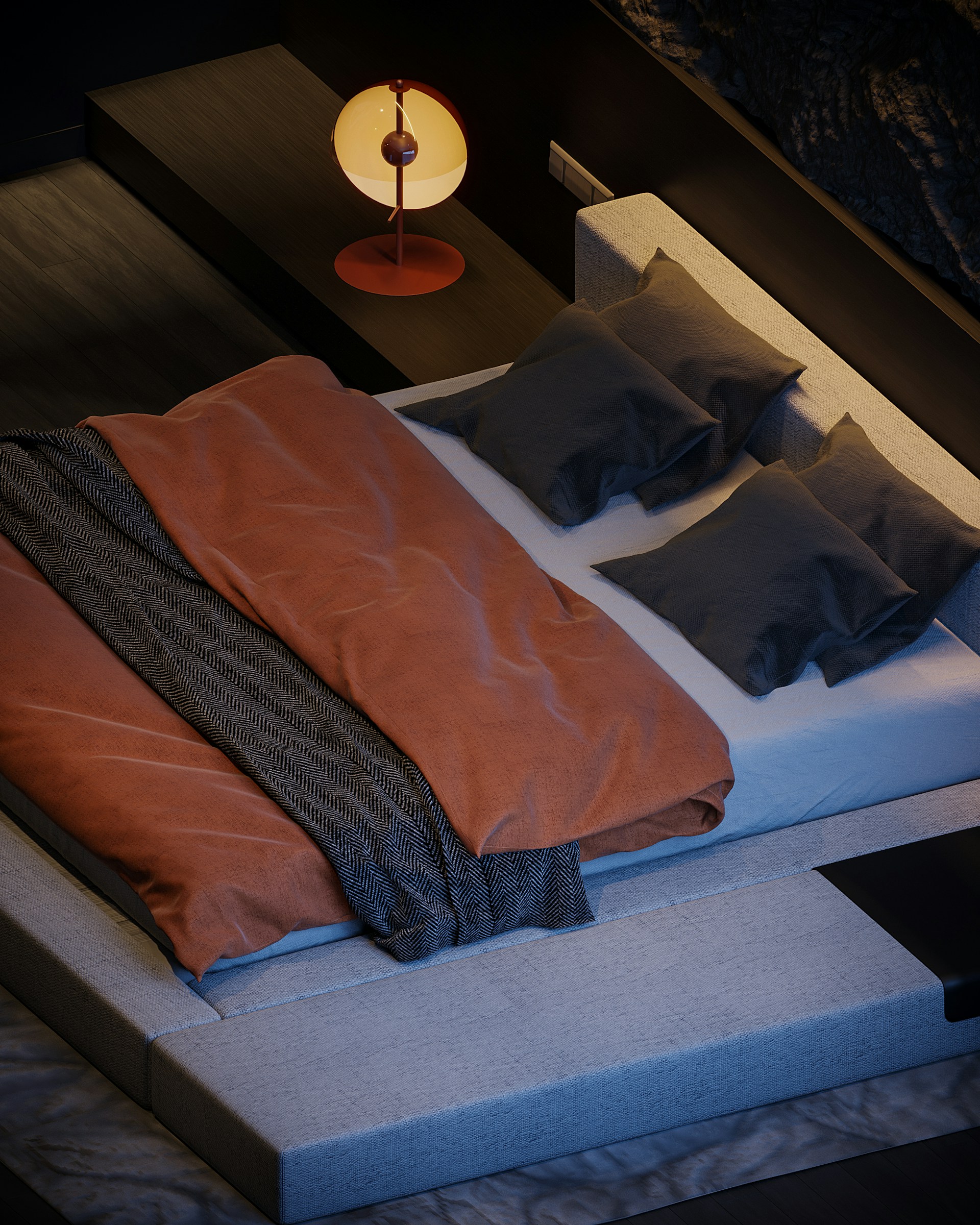a bed with a lamp