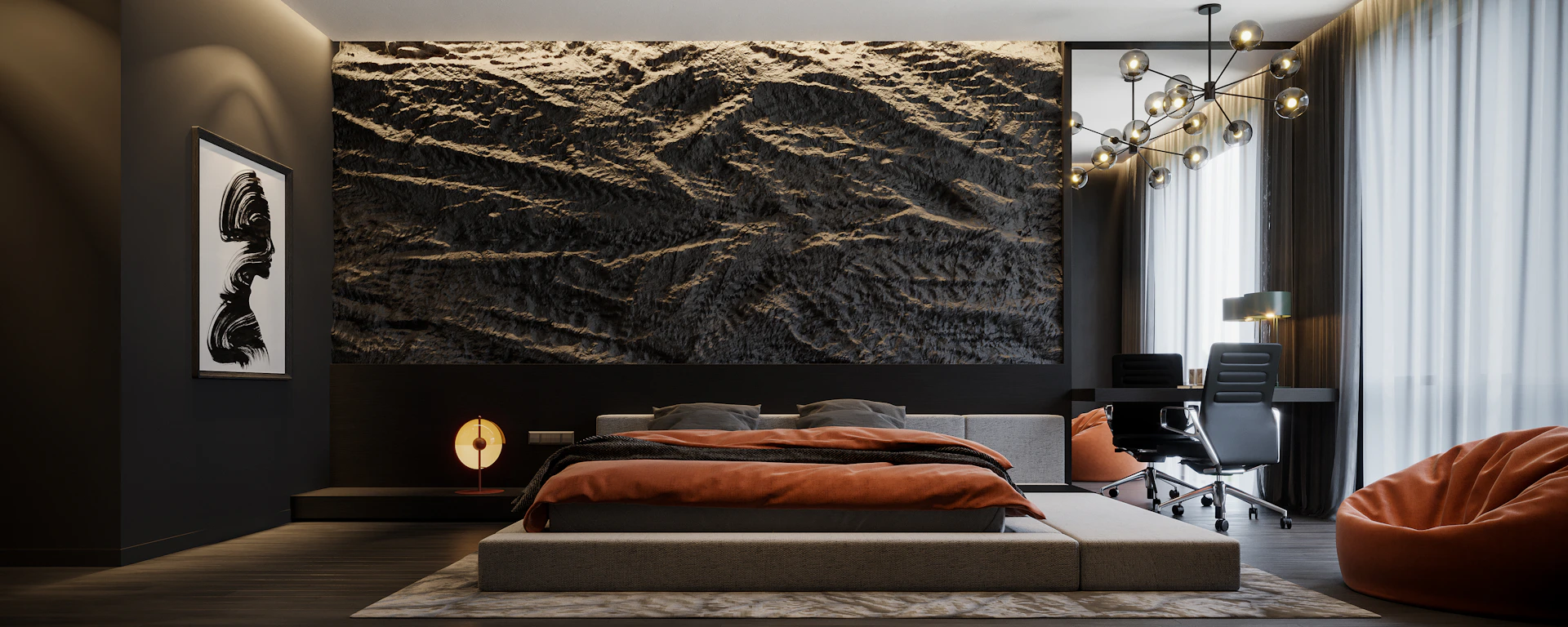 a room with a large painting on the wall