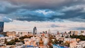 A city skyline representing global business connections and growth.
