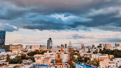 A city skyline representing global business connections.