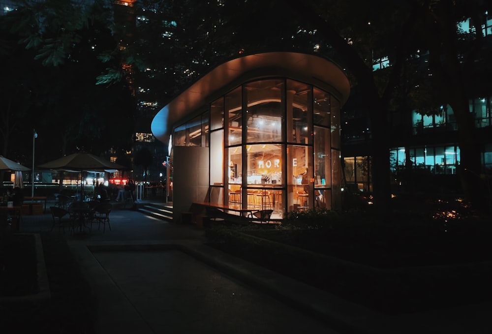 a building with lights on at night