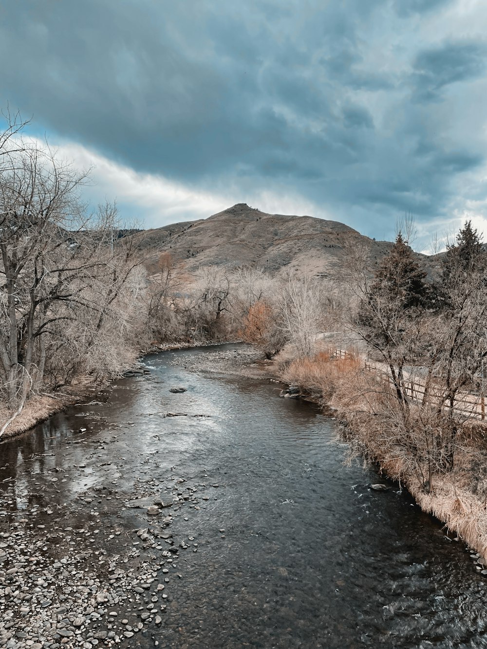 a river with snow on the banks