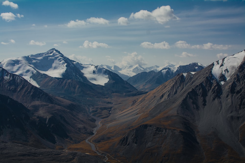 a valley between mountains with snow