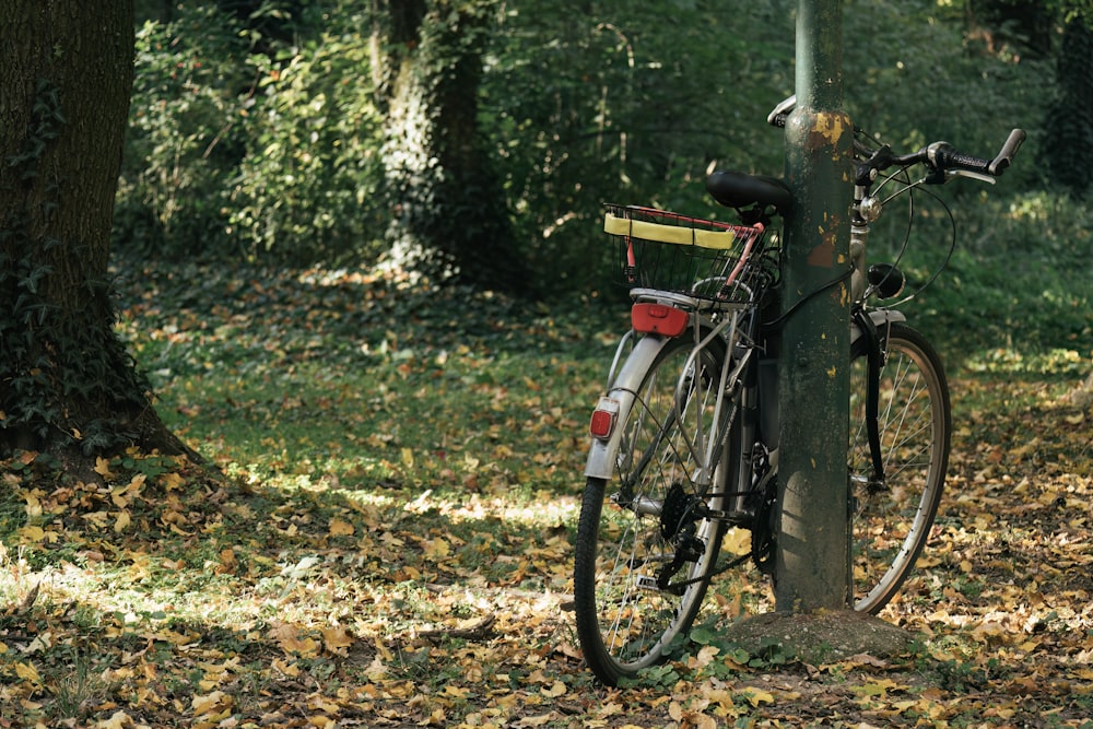 a bicycle parked next to a pole