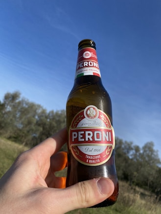 A bottle of Peroni beer is held up against a clear blue sky. The label is prominently displayed with its distinctive red and gold design featuring the brand name and Italian flag colors. The background includes a blurred view of trees and grass, suggesting an outdoor setting.