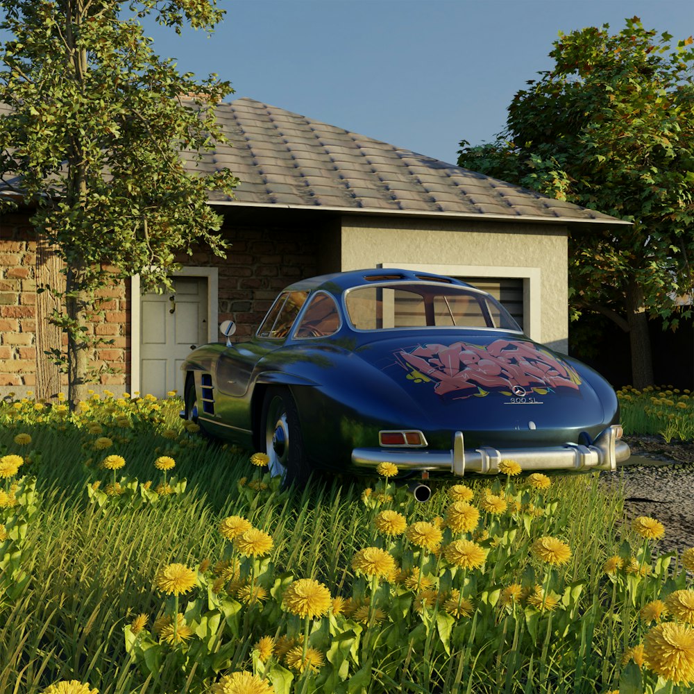 a car with a painted face parked in front of a house