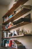 a shelf with books and other objects on it
