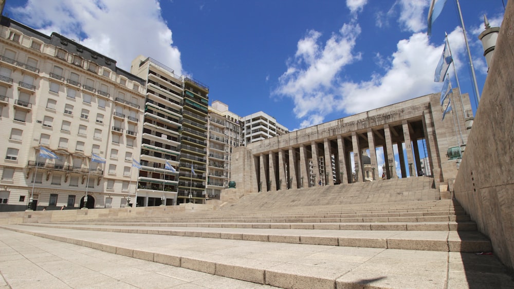 a large building with a curved staircase